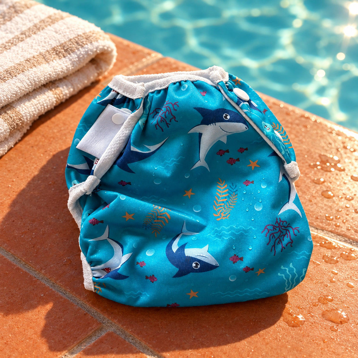 Wasbare zwemluier Baby Shark design – aan het zwembad