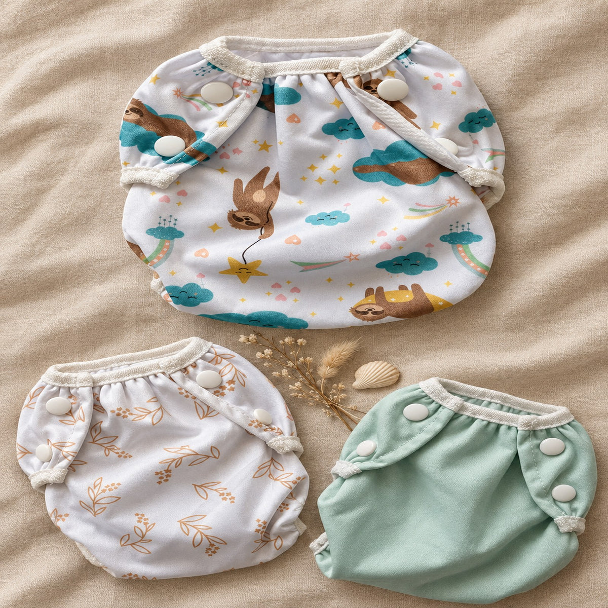 Wasbare zwemluier Luiaard design – collectie flat-lay
